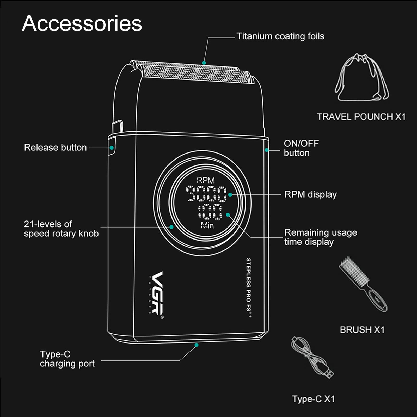 VGR 377 Foil Shaver for Men, Electric Razor for Shaving Face with Double Foil, 21-Speed 9000 RPM Motor Bald Shavers LED Display Titanium Foils, Barber Supplies (Black)