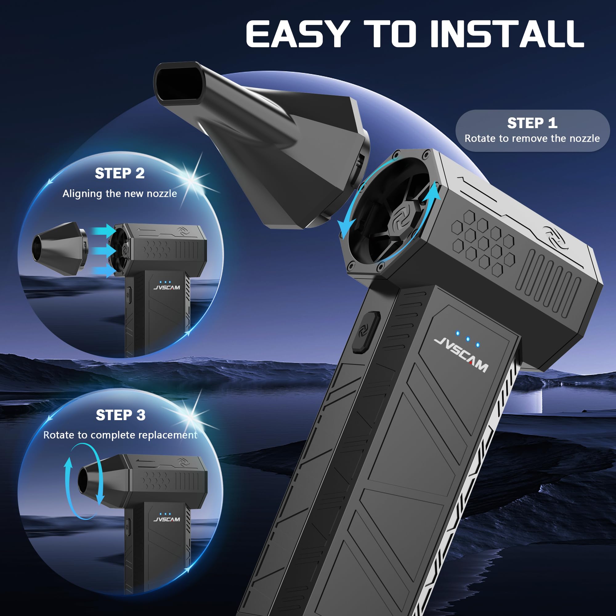 JVSCAM Compressed Air Duster - Electric Air Duste with Brushless Motor - 3 Gear Adjustable Cordless Air Blower - Rechargeable Air Duster for PC, Keyboard, Car, Outdoors, Home (X3)