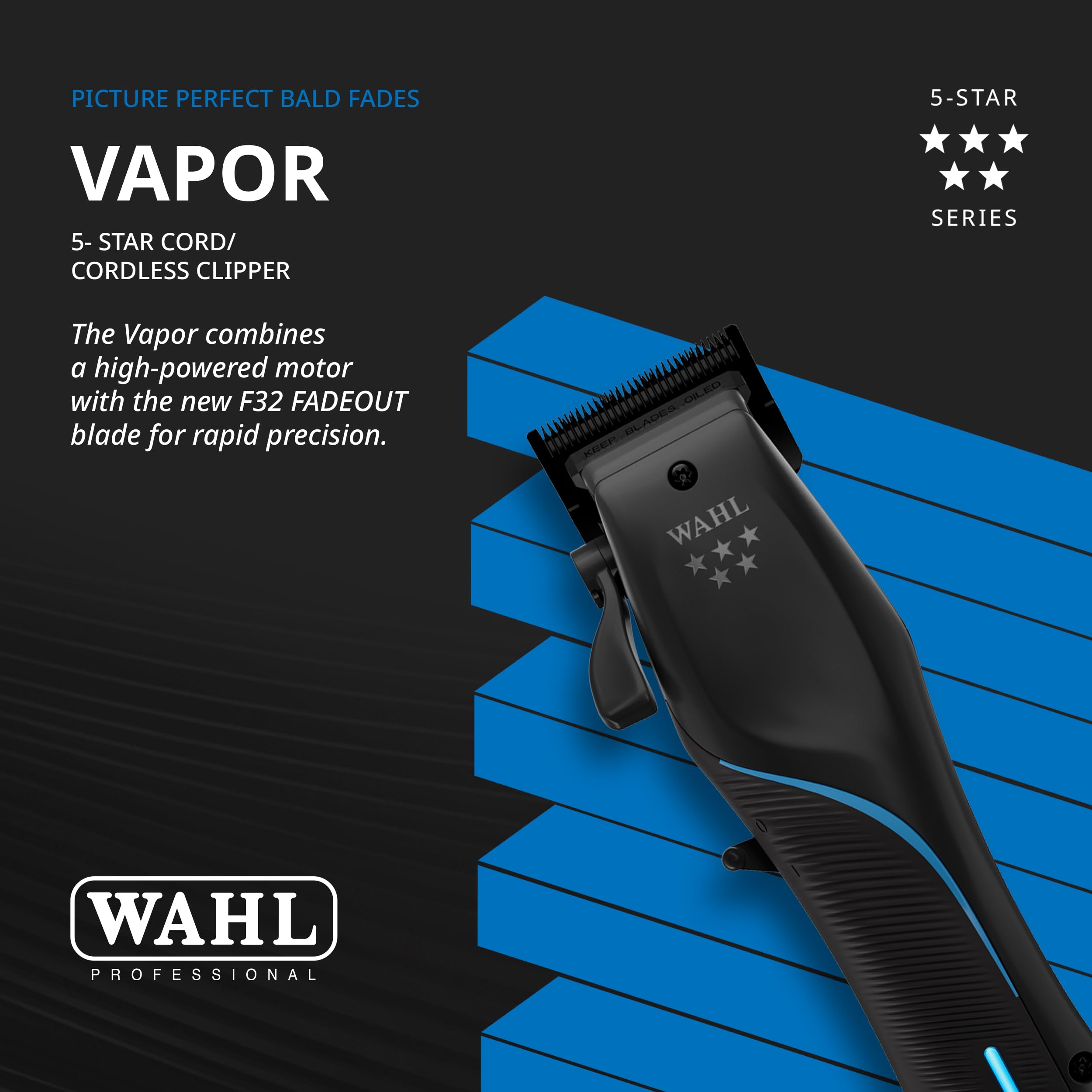 Wahl Professional 5 Star Vapor Clipper Corded and Cordless Operation F32 Adjustable Balding Blade Adaptable Speed