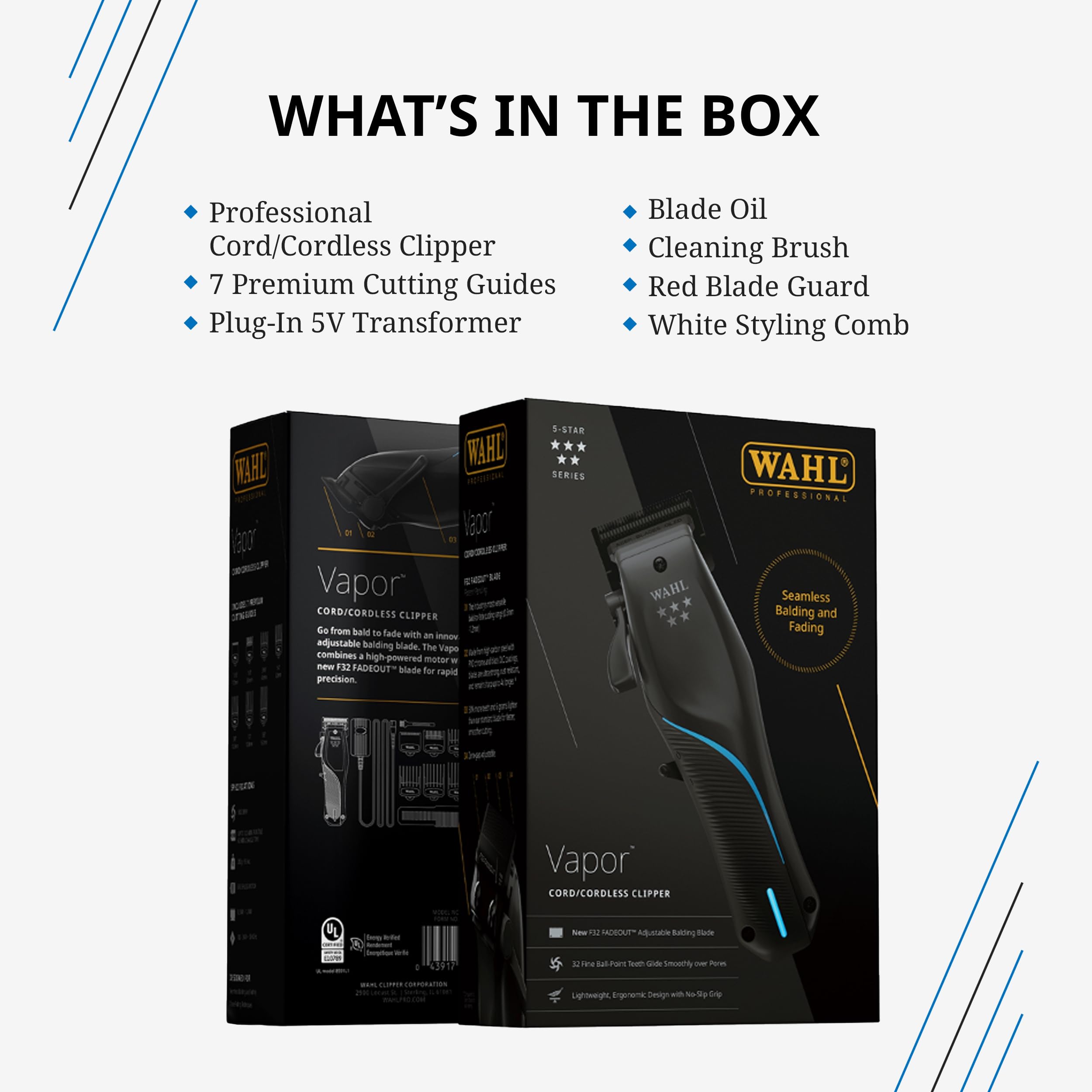 Wahl Professional 5 Star Vapor Clipper Corded and Cordless Operation F32 Adjustable Balding Blade Adaptable Speed