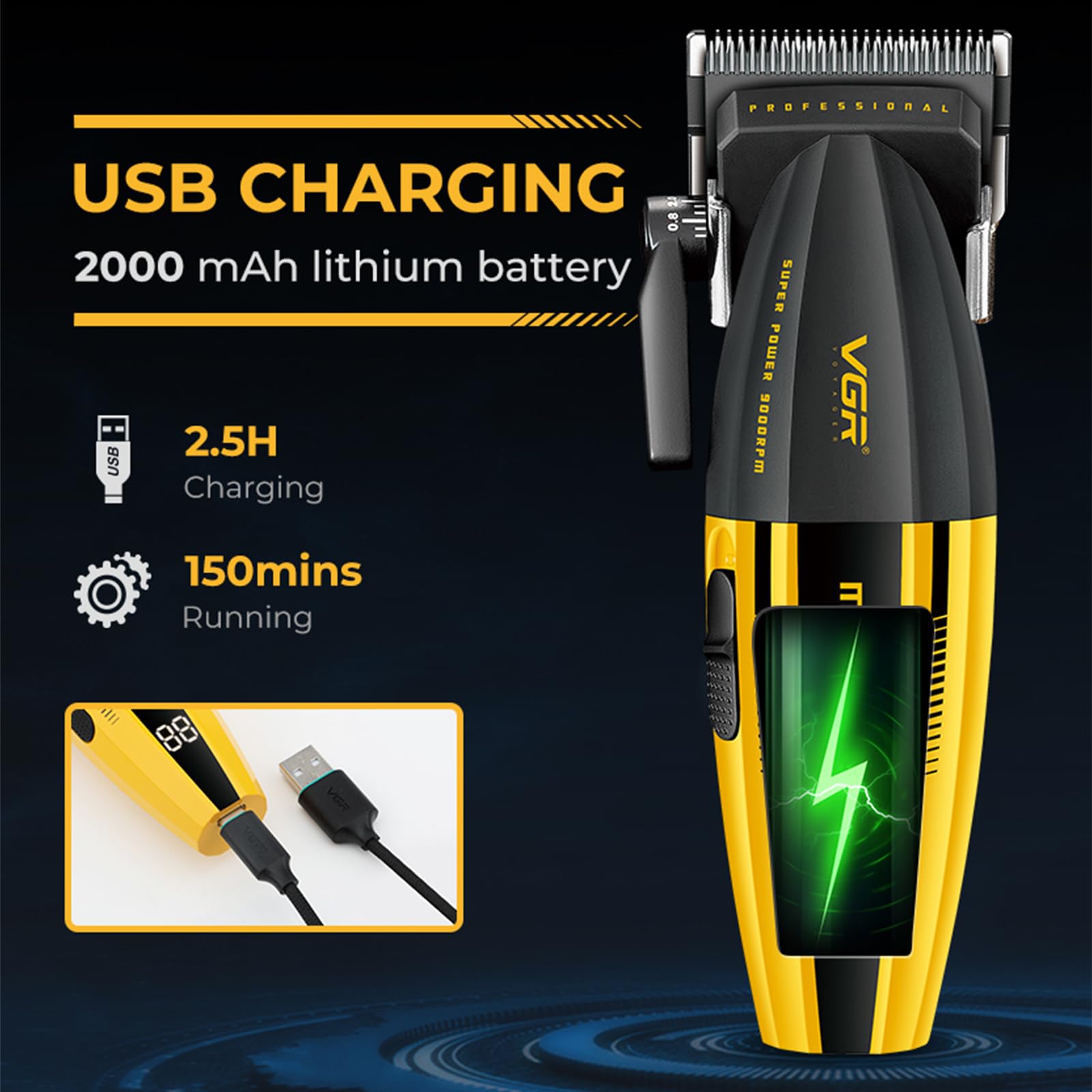 VGR 285 Fresh Fade Hair Clippers for Men, 9000RPM Professional Barber Clippers for Hair Cutting, Cordless Small Hair Trimmer Lightweight Versatile Barber Kit with LED Display