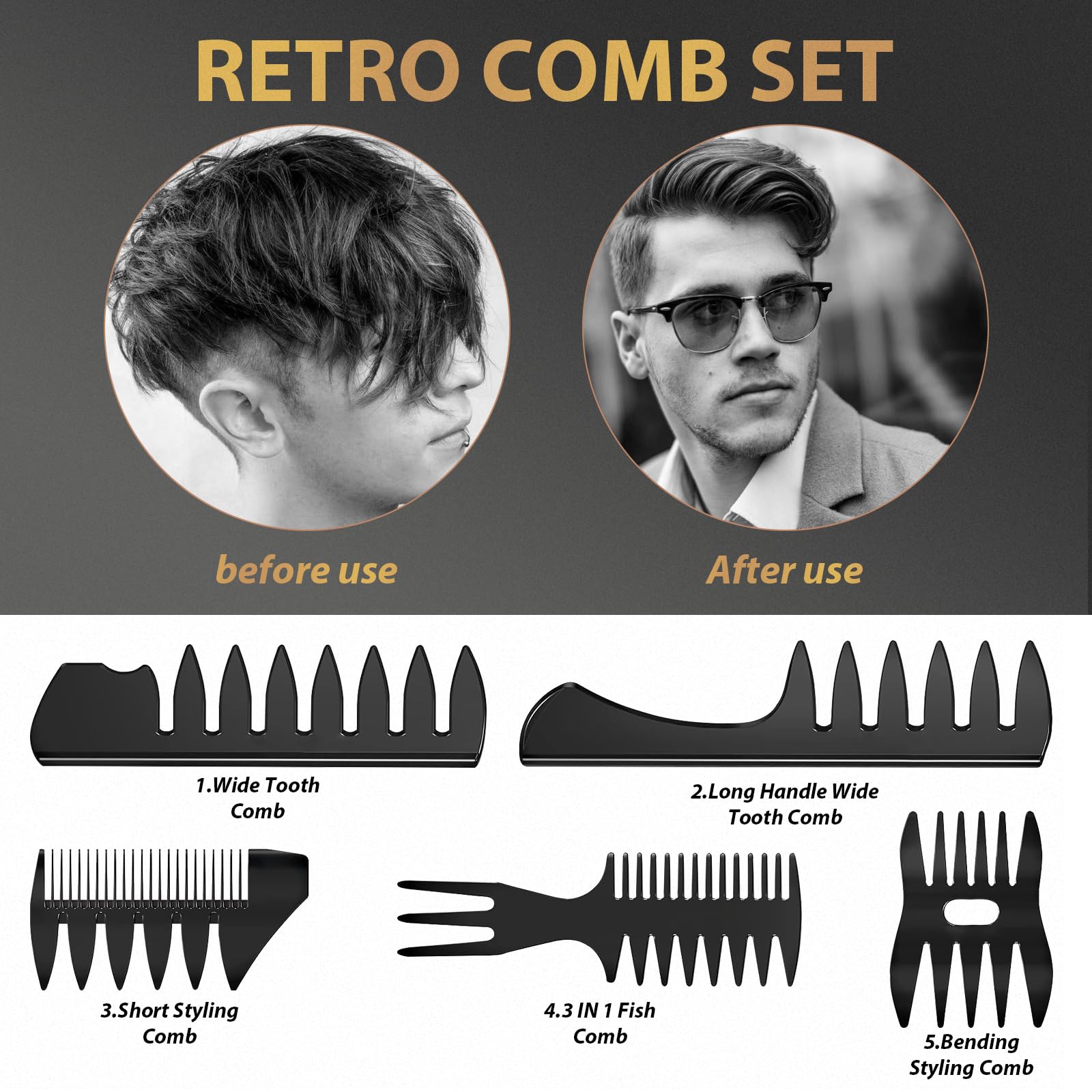 DUAIU Hair Styling Comb and Brush Set Hair Comb for Men, Professional Styling Comb Set for All Hair Types & Styles, Dry & Wet Brush Tools