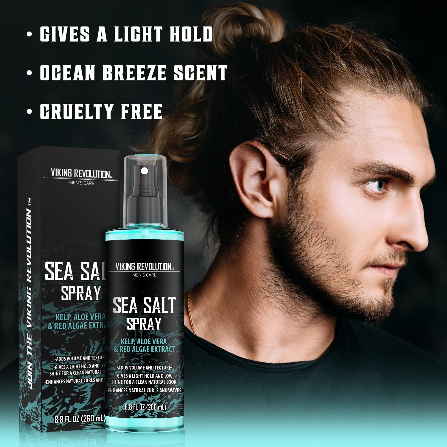 Viking Revolution - Sea Salt Spray Hair Men - 240ml - Texturizing Spray with Kelp, Aloe Vera & Red Algae Extract - Hairspray to Add Volume & Texture - Beach Hair Spray - Gifts For Men