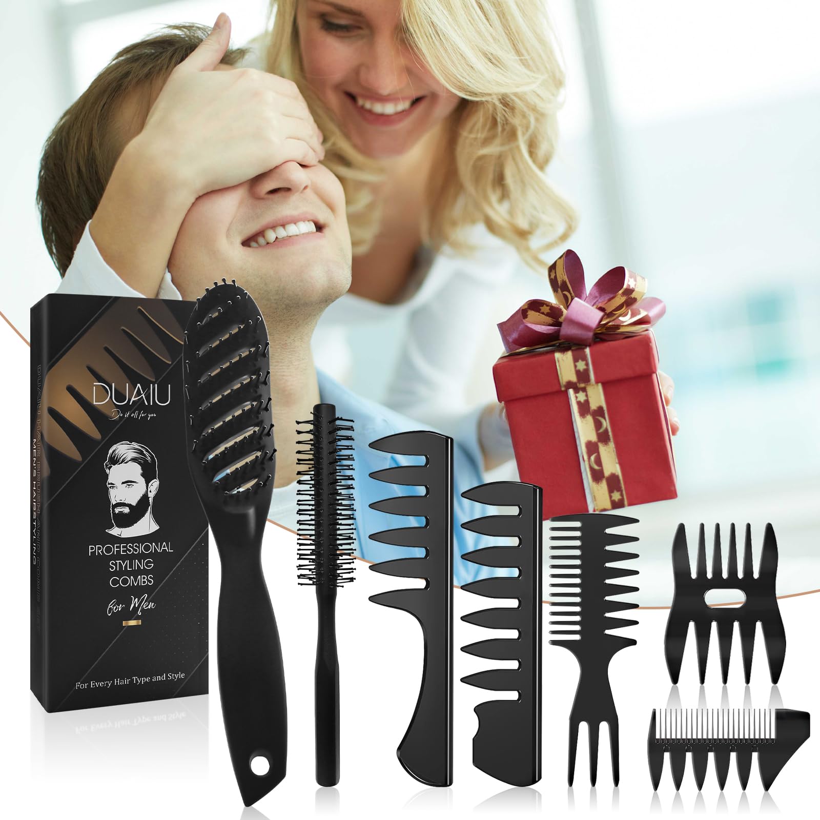 DUAIU Hair Styling Comb and Brush Set Hair Comb for Men, Professional Styling Comb Set for All Hair Types & Styles, Dry & Wet Brush Tools