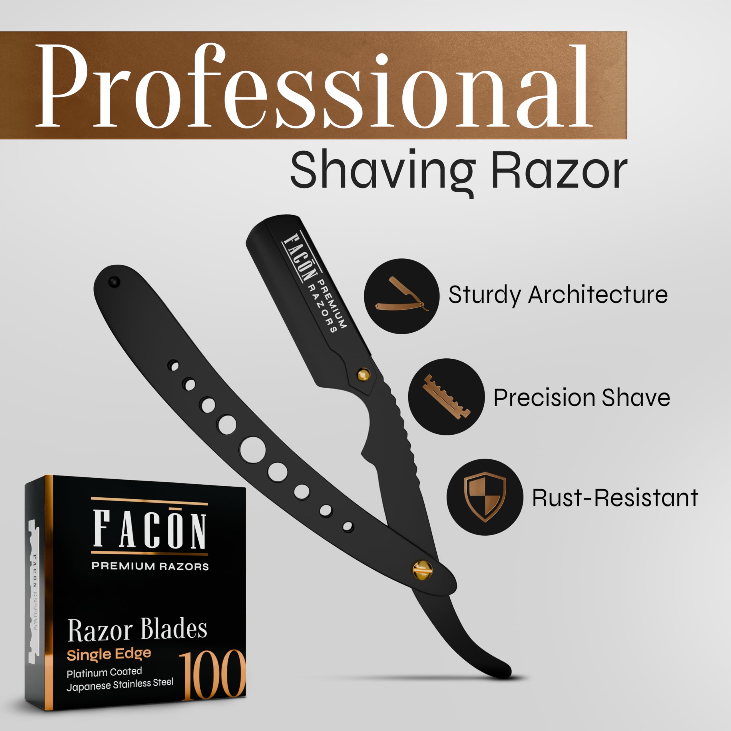 Facón Straight Razors for Men - Professional Barber Straight Edge Razor Kit with 100 Blades, Classic Stainless Steel Barbero Shaver for a Smooth & Precise Shave, Premium Barber Razor for Men's Shaving