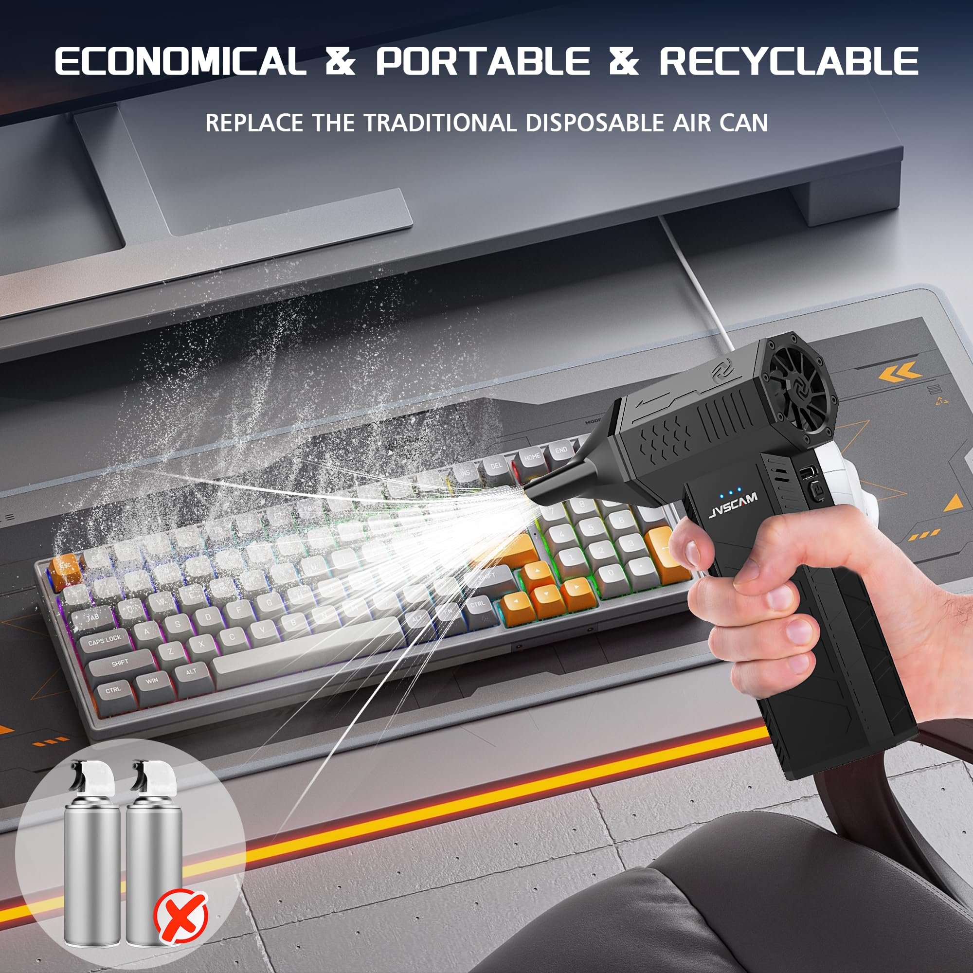 JVSCAM Compressed Air Duster - Electric Air Duste with Brushless Motor - 3 Gear Adjustable Cordless Air Blower - Rechargeable Air Duster for PC, Keyboard, Car, Outdoors, Home (X3)