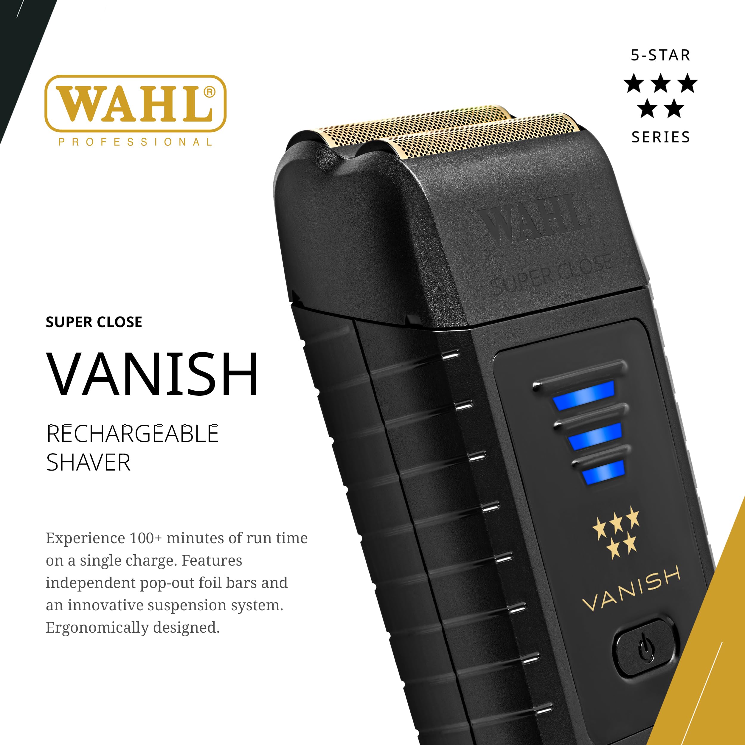 Wahl Professional 5 Star Vanish Shaver Cordless With Pop Foil Bars Ergonomic Design 100 Min Runtime Lithium Ion Battery