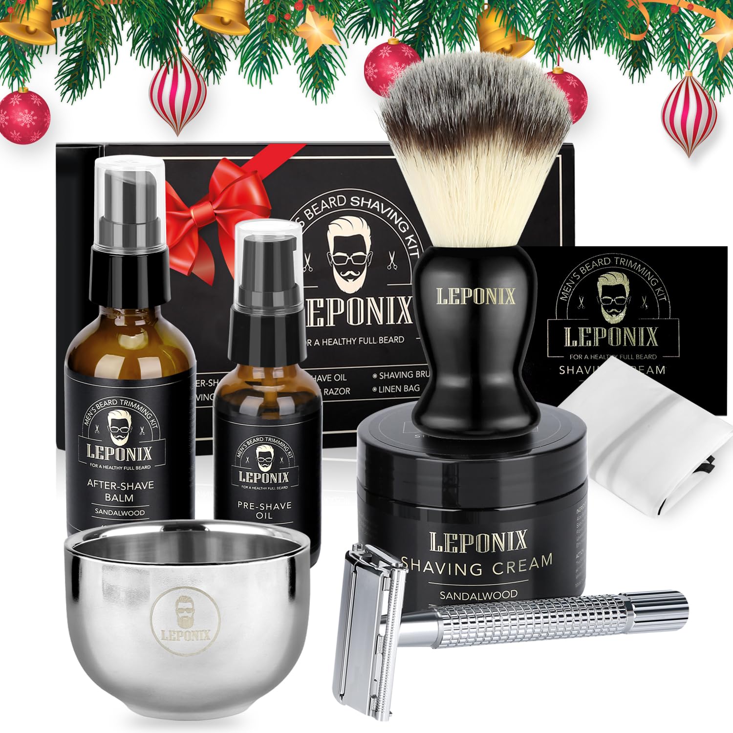 Men’s Shaving Kit with Safety Razor, Sandalwood Shaving Cream, Aftershave, Pre-Shave Oil, Shave Brush & Bowl, Apron Bib – Premium Grooming Gift Set for Men, Dad, Husband – Ideal for Christmas, Birthday, Stocking Stuffers