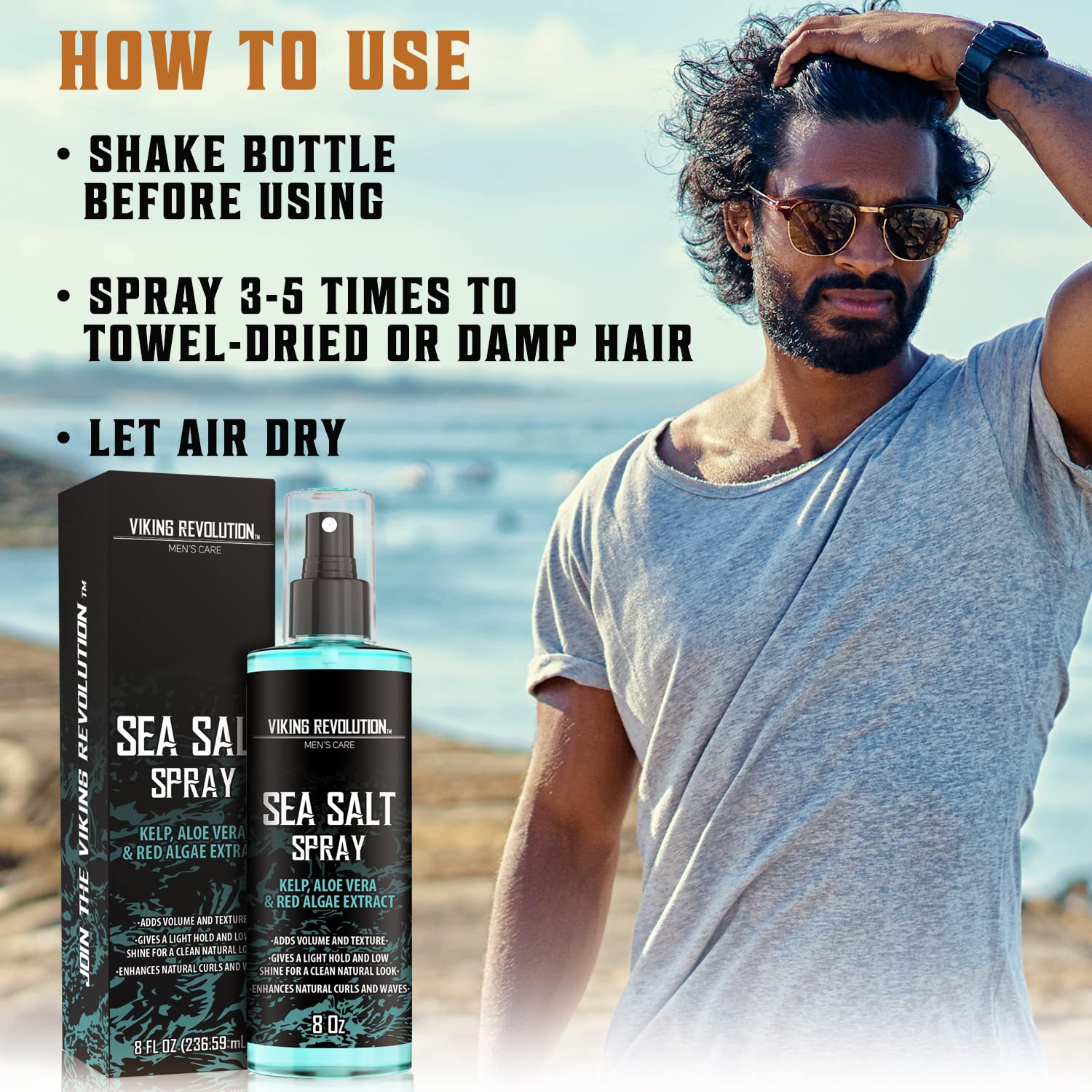 Viking Revolution - Sea Salt Spray Hair Men - 240ml - Texturizing Spray with Kelp, Aloe Vera & Red Algae Extract - Hairspray to Add Volume & Texture - Beach Hair Spray - Gifts For Men