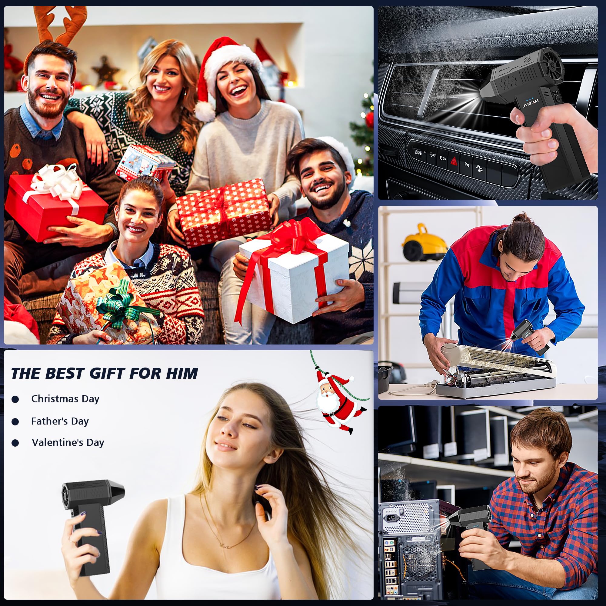 JVSCAM Compressed Air Duster - Electric Air Duste with Brushless Motor - 3 Gear Adjustable Cordless Air Blower - Rechargeable Air Duster for PC, Keyboard, Car, Outdoors, Home (X3)